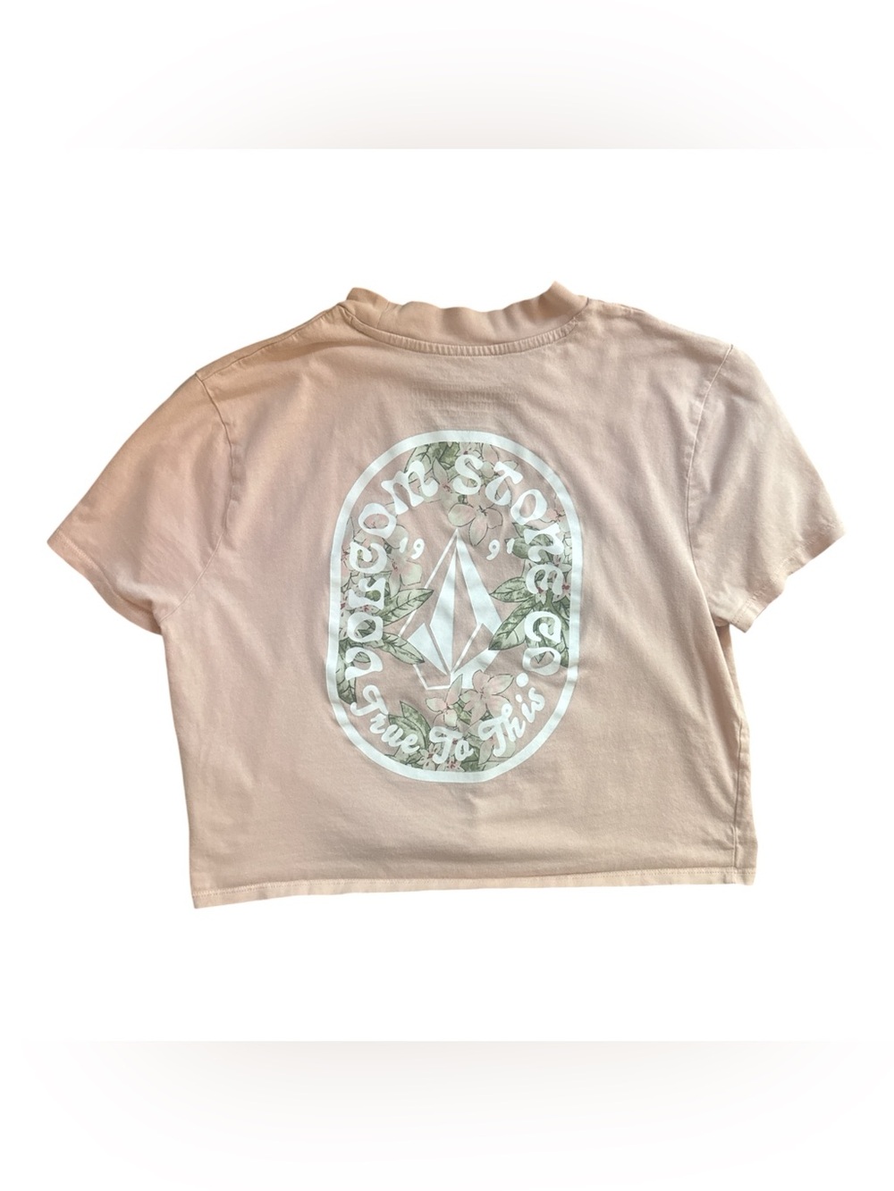 Volcom Light Pink Floral Graphic Cropped Logo Tee Size Small Skater Front Pocket